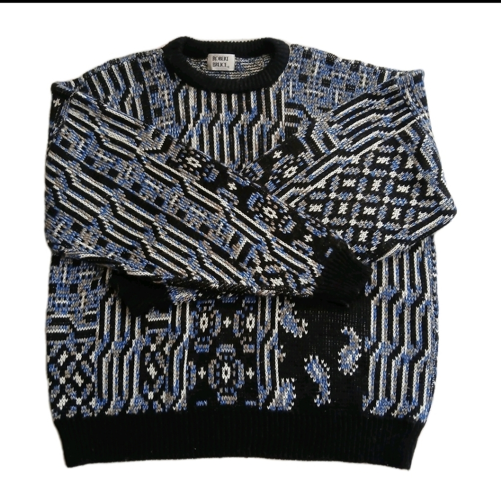 XL Vintage Crew Neck Sweater Robert Bruce Eclectic Grandpa Black And Blue
